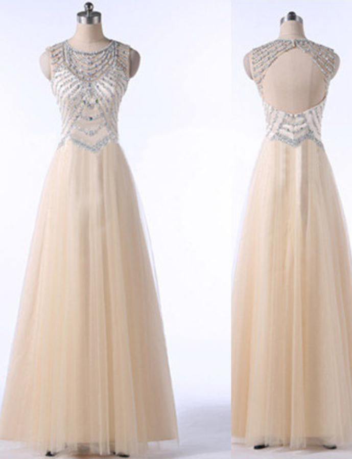 Long Prom Dress, Champagne Prom Dress, Open Back Prom Dress, Tulle Prom Dress, Elegant Prom Dress, Available Prom Dress