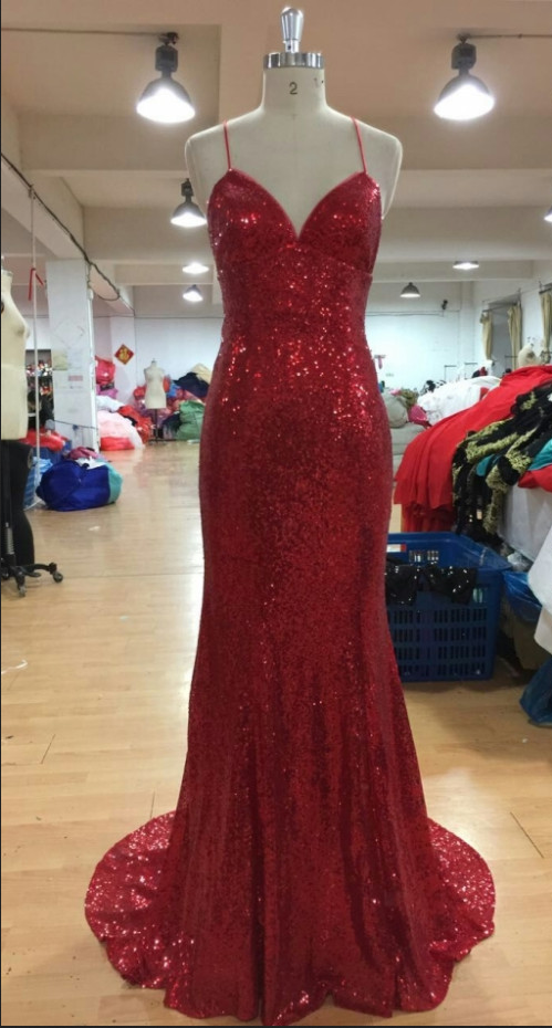 Shining Sequin Lace Red Prom Dresses Spaghetti Straps Women Dresses