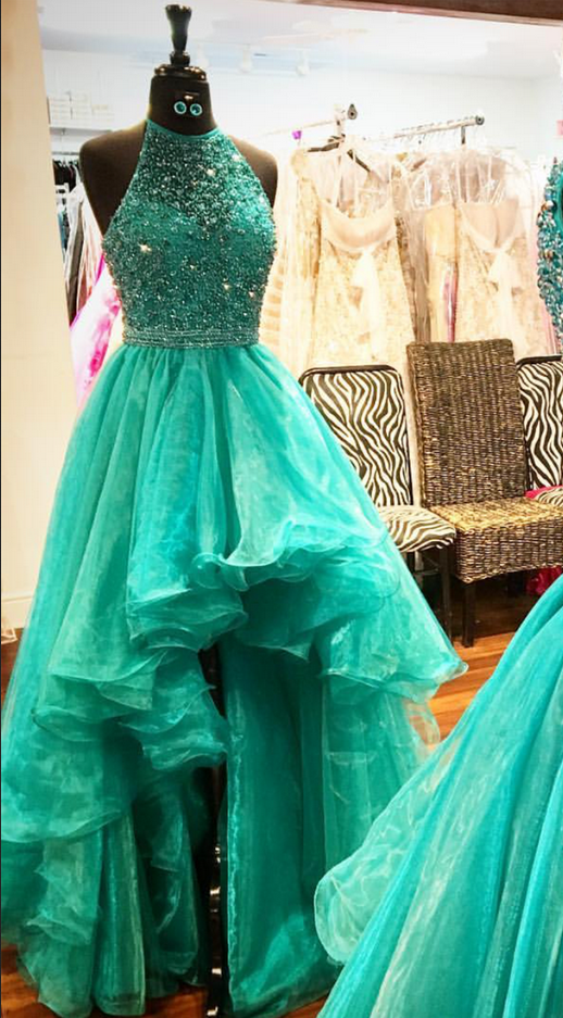 Halter Prom Dress, Sexy Prom Dress, Beaded Prom Dress, Crystal Prom Dress, Backless Prom Dress, High Low Prom Dress, Emerald Green Prom Dress,