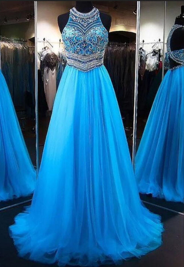 A-line Blue Tulle Prom Gown,princess Jewel Sleeveless Brush Train Beading Tulle Dresses,sweep Train Party Dress