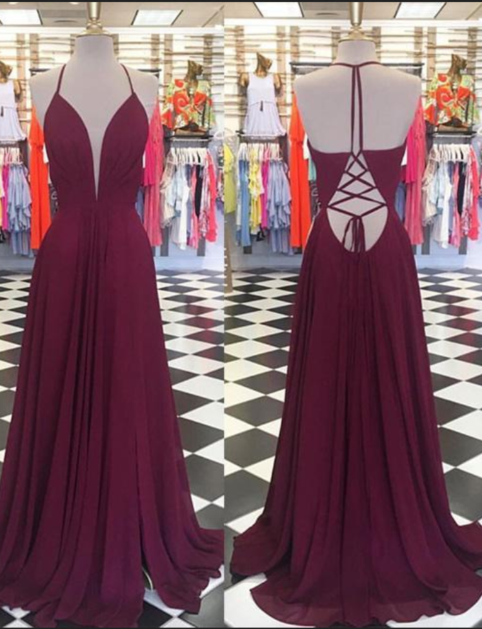 Simple V Neck Chiffon Backless Long Prom Dress, Evening Dress, Deep V Prom Dress, Backless Prom Dress, Criss Cross Back Prom Gown, Sexy Part