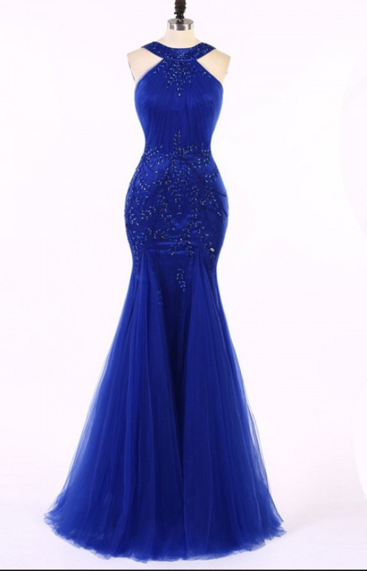 Long Mermaid/trumpet Prom Dresses, Royal Blue Sleeveless With Beaded/beading Floor-length Evening Dresses