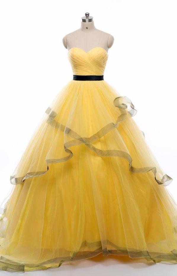 Yellow Sweetheart Tulle Long Prom Dress, Yellow Evening Dress