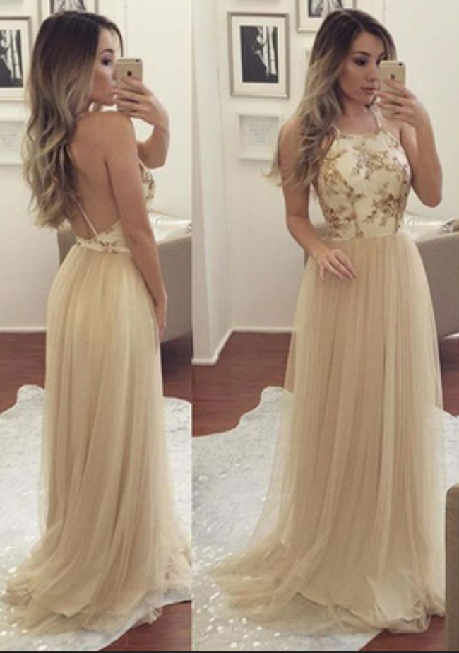 Champagne Spaghetti Appliques Tulle Prom Dresses, Long A-line Prom Dresses, Evening Dresses