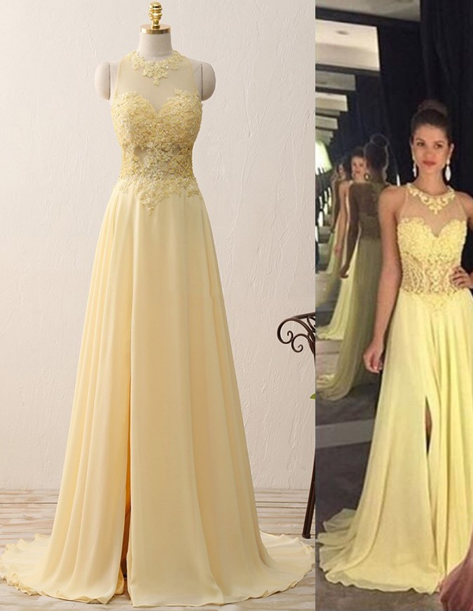 Prom Dresses,a-line Prom Dresses,applique Prom Dresses,split Prom Dresses,yellow Prom Dresses,evening Dresses