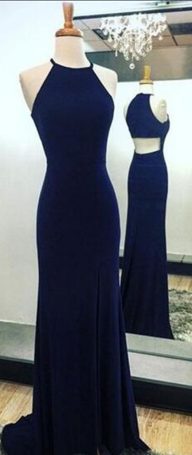 Halter Prom Gowns,simple Party Dress,dark Blue Evening Dresses 2018,open Back Prom Dresses,women Dress For Prom,dress For Events,long Evening