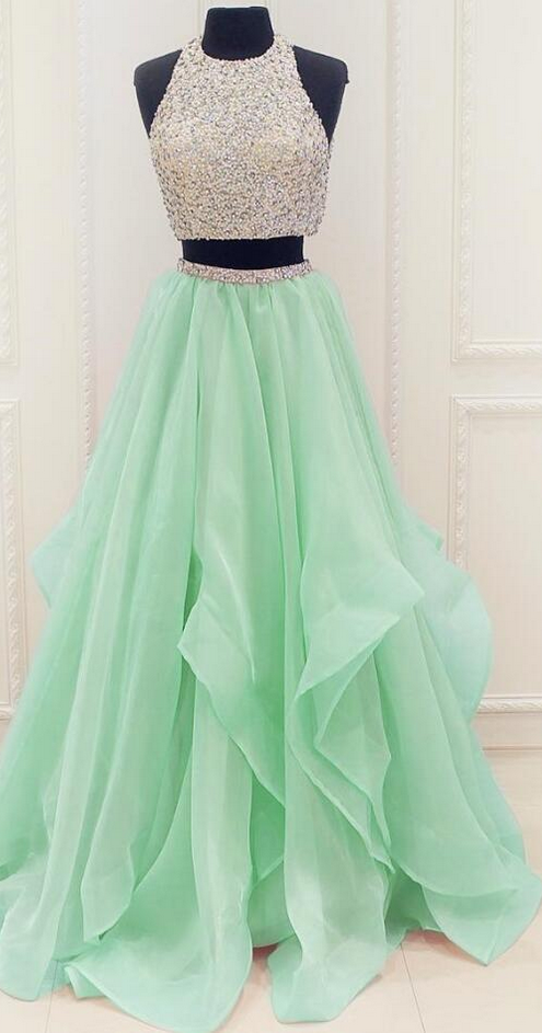 Beading Prom Dress, Prom Dress,sexy Prom Dress, Modest Prom Dress,stunning Sequins And Beaded Top Organza Ruffles, Two Piece Prom Dress
