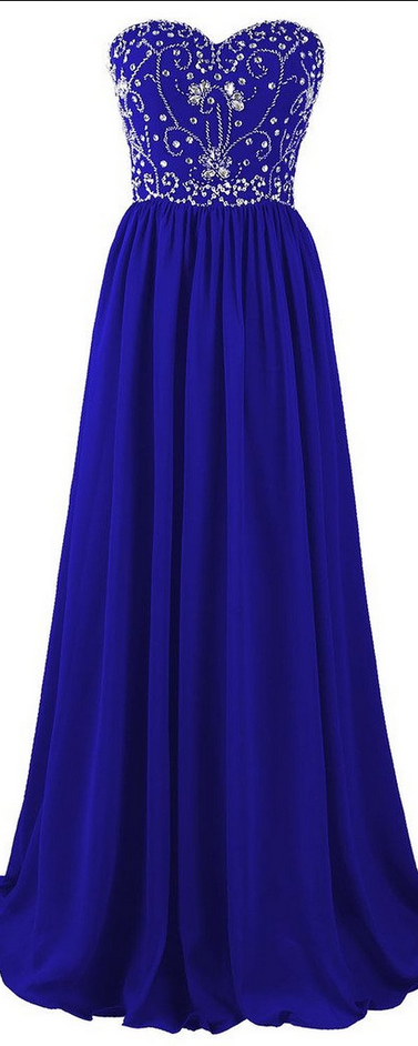 Beautiful Blue Chiffon Beaded A-line Prom Dresses 2018, Blue Long Prom Gowns, Party Dresses, Evening Dresses