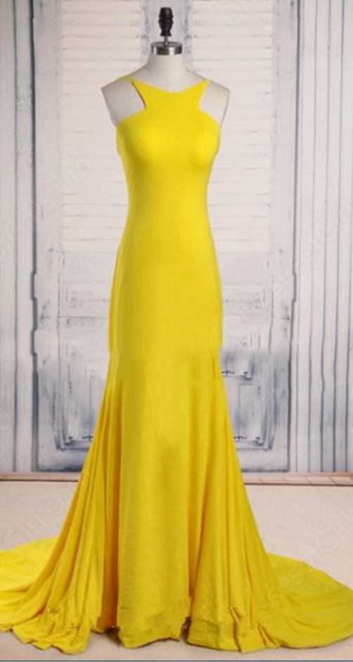 Pretty Handmade Yellow Scoop Neck Court Train Ruffles Backless Prom Dress, Prom Dresses