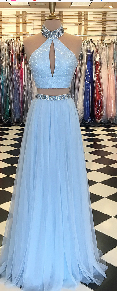 Light Blue Beaded Prom Dress,high Neck Two Piece Prom Dresses,split Formal Dress,blue Evening Dresses