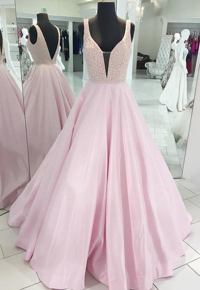 Stylish Pink V Neck Prom Dresses,beaded Long Senior Prom Dress, Open Back Evening Dress, Sexy Evening Party Dresses, Formal Dresses