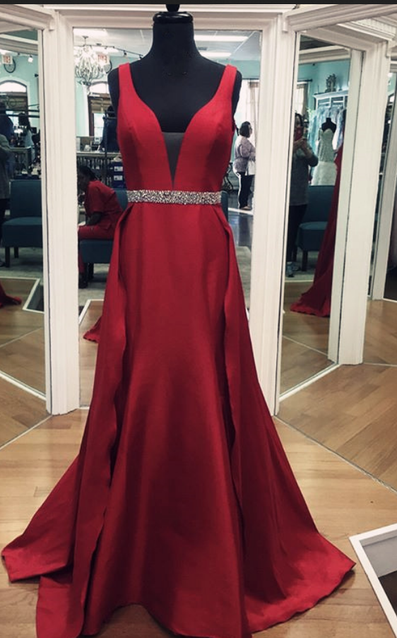 Red V Neck Long Prom Dress With Bow, Red Evening Dress Prom Gowns, Formal Women Dress