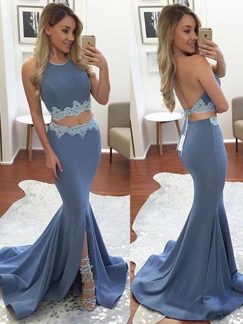 Lace Prom Dress, Prom Gown,2 Pieces Prom Dresses,lace Evening Gowns,2 Piece Evening Gown,lace Blue Prom Gowns