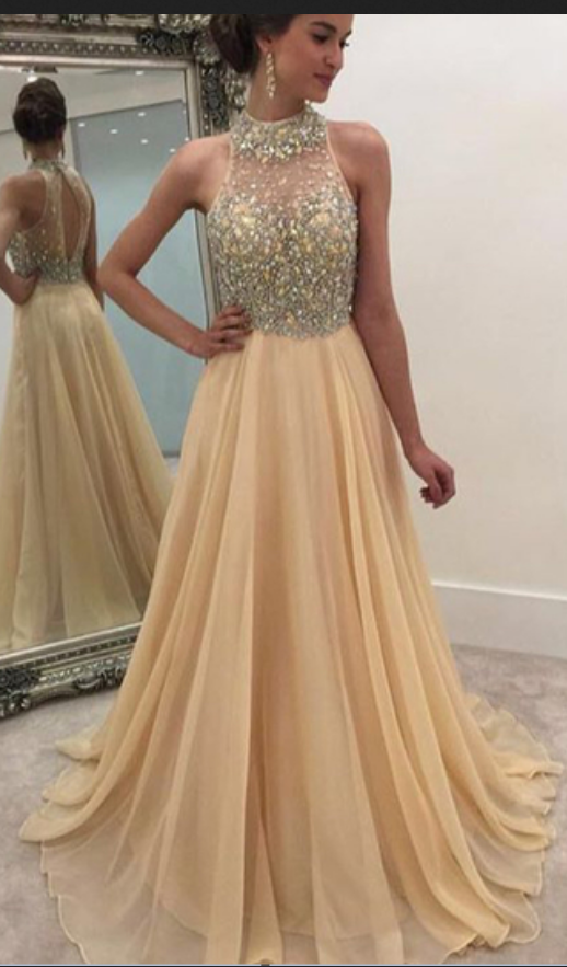 High Neck Champagne Prom Gown, Beaded Rhinestone Prom Dresses
