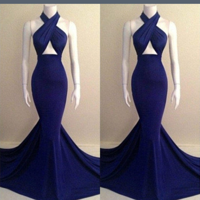 Navy Blue Halter Mermaid Prom Dress With Cut Out Bodice on Luulla