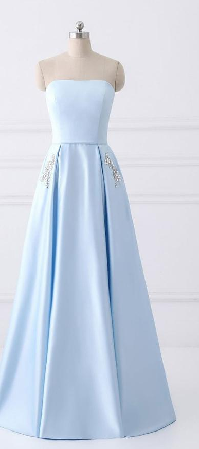 Charming Strapless Lace Up Prom Dresses,sky Blue Graduation Dresses,long Prom Dresses With Pockets Dr