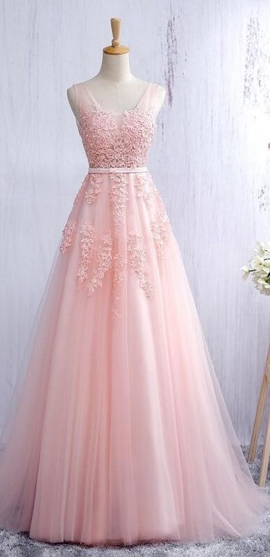 Bridesmaid Dresses,pink Lace Prom Dresses,v-neck Prom Dress,a-line Prom Dresses,backless Prom Gowns,evening Dresses,long Prom Dresses,elegant