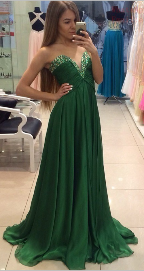 Long Prom Dresses,chiffon Prom Dresses,high Low Prom Dresses,beaded Dresses,green Prom Dresses,strapless Prom Gowns,v-neck Party Dresses,women