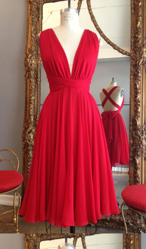 Customisable Red Strappy Plunging V-neckline A-line Knee Length Bridesmaid Dresses