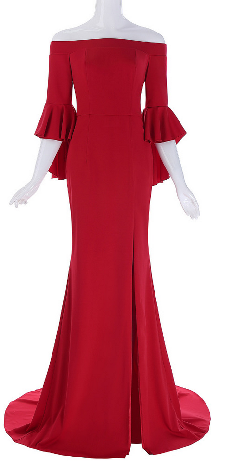 Red Mermaid Evening Dress Three Quarter Ruffle Sleeve High Split Long Special Occasion Dresses