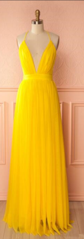 Yellow A Line Tulle Prom Dress,long Evening Dress,spaghetti Strap Formal Dresses