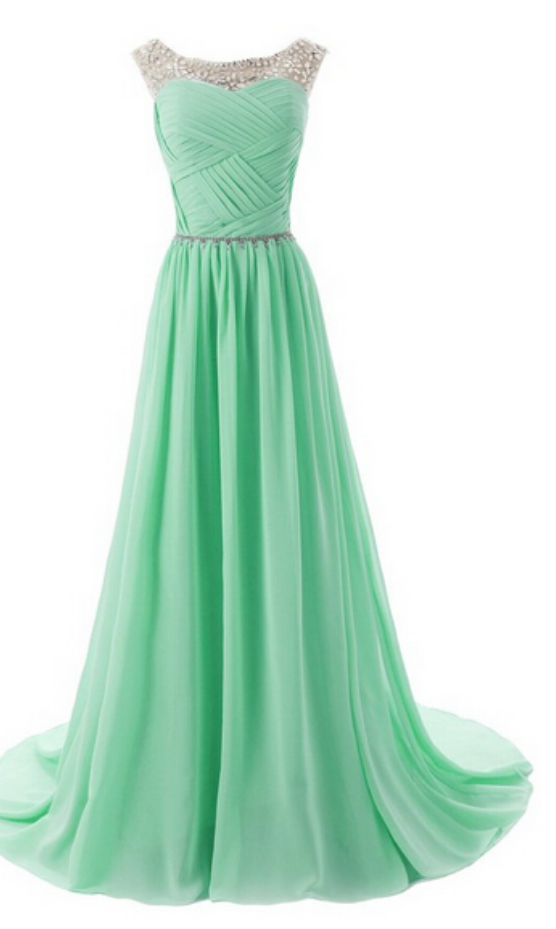Green Sleeveless Crystal Beaded A-line Prom Dresses