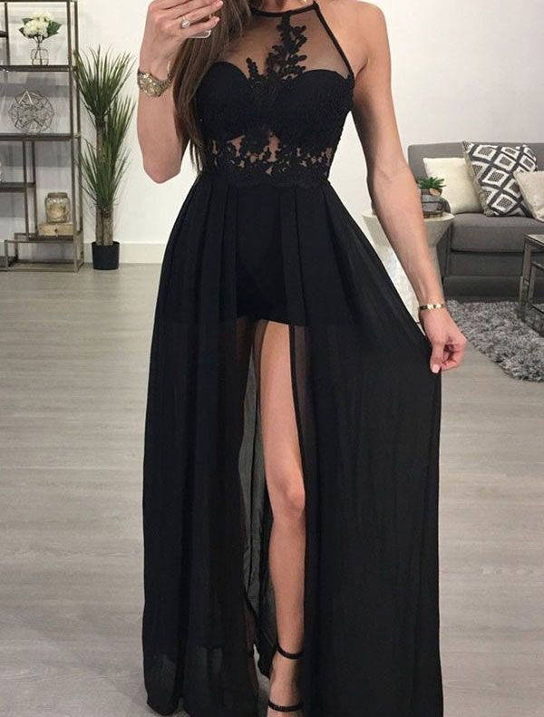 Sexy Long Black Prom Dresses With Appliques Shorts