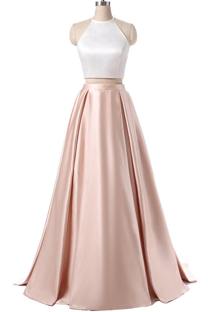 Elegant Satins Two Pieces Halter Simple Long Dress For Prom,