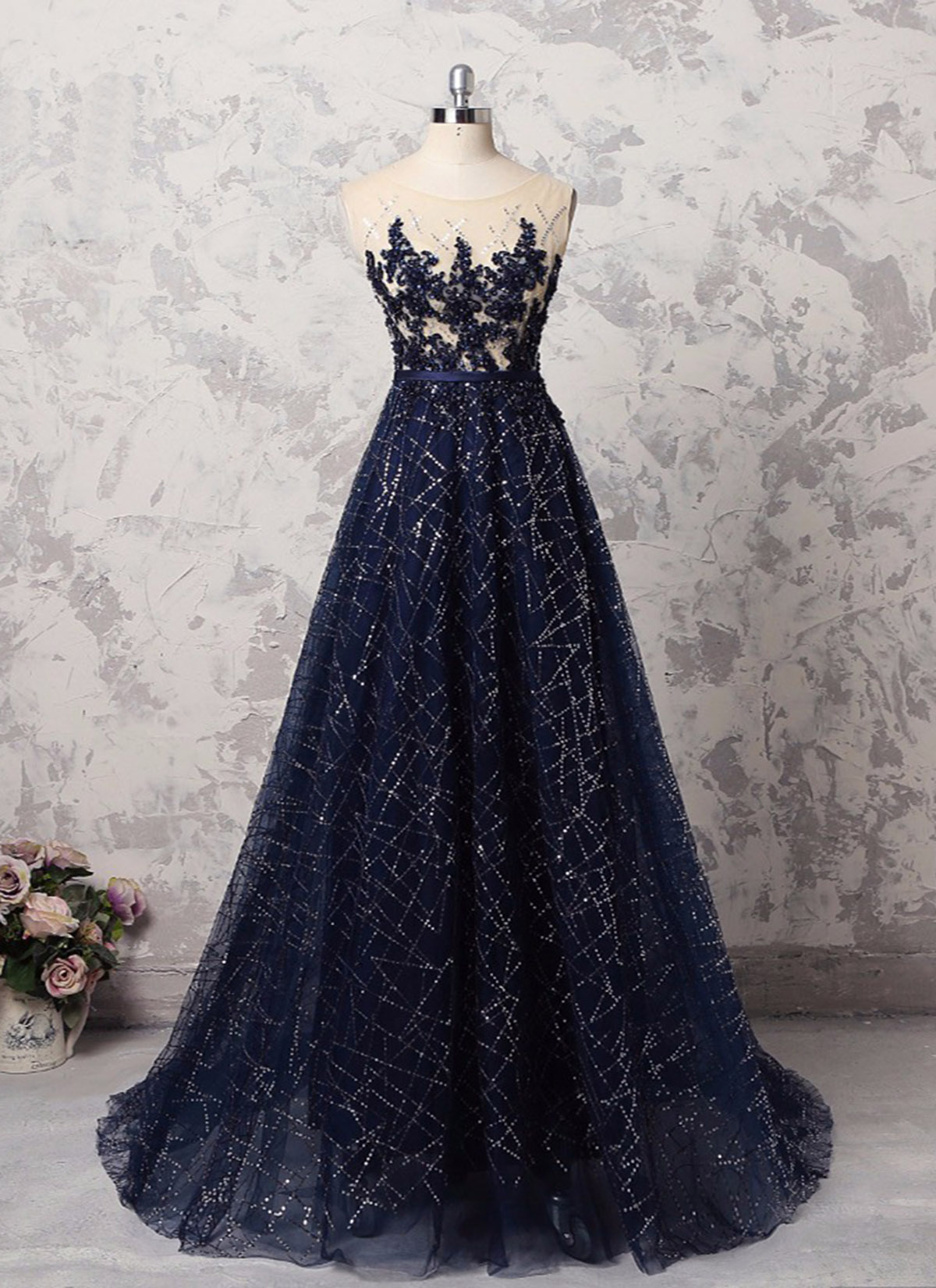 Navy Blue, Sequins Tulle Long, Halter Formal Prom Dress With Appliques,evening Dress
