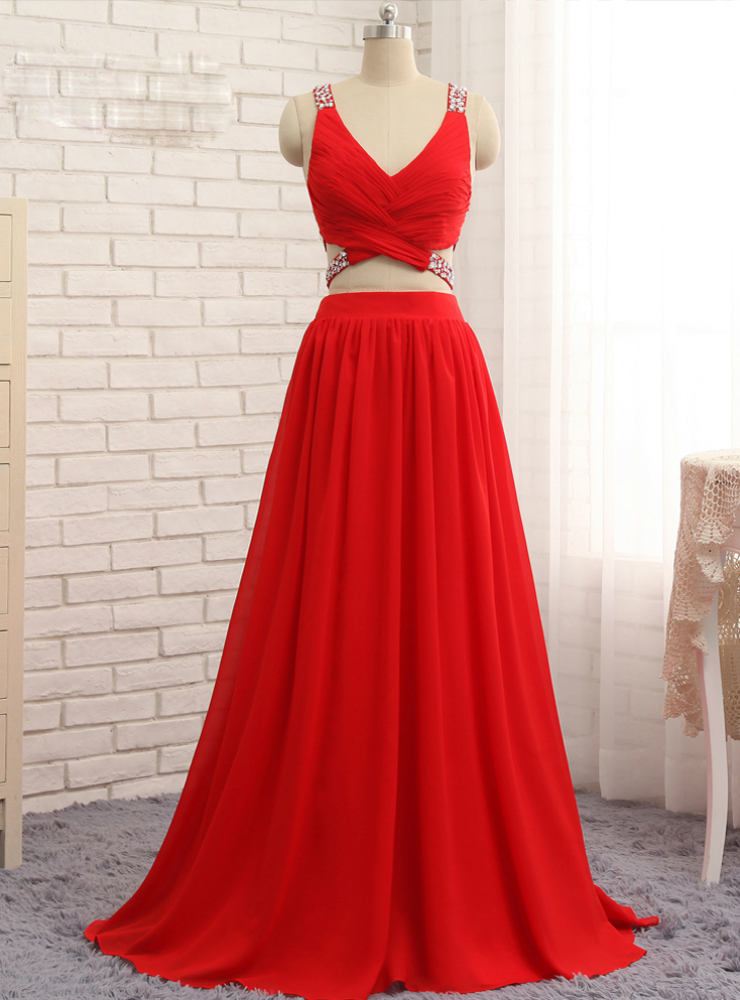 Prom Dresses A-line V-neck Floor Length Chiffon Bead Two Pieces Prom Gown