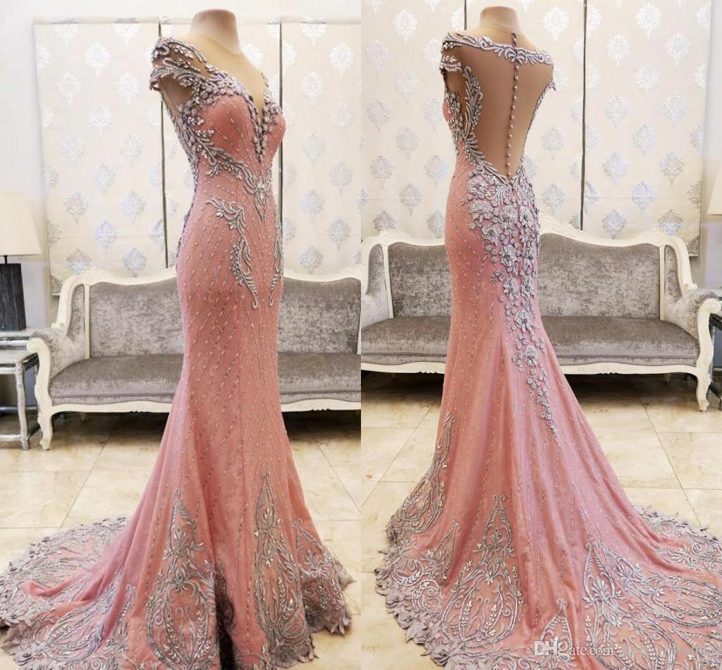 Lace Crystals Beaded Pink Prom Dresses Sheer Neck Mermaid Back Covered Buttons Sweep Train Saudi Arabia Evening Party Dresses