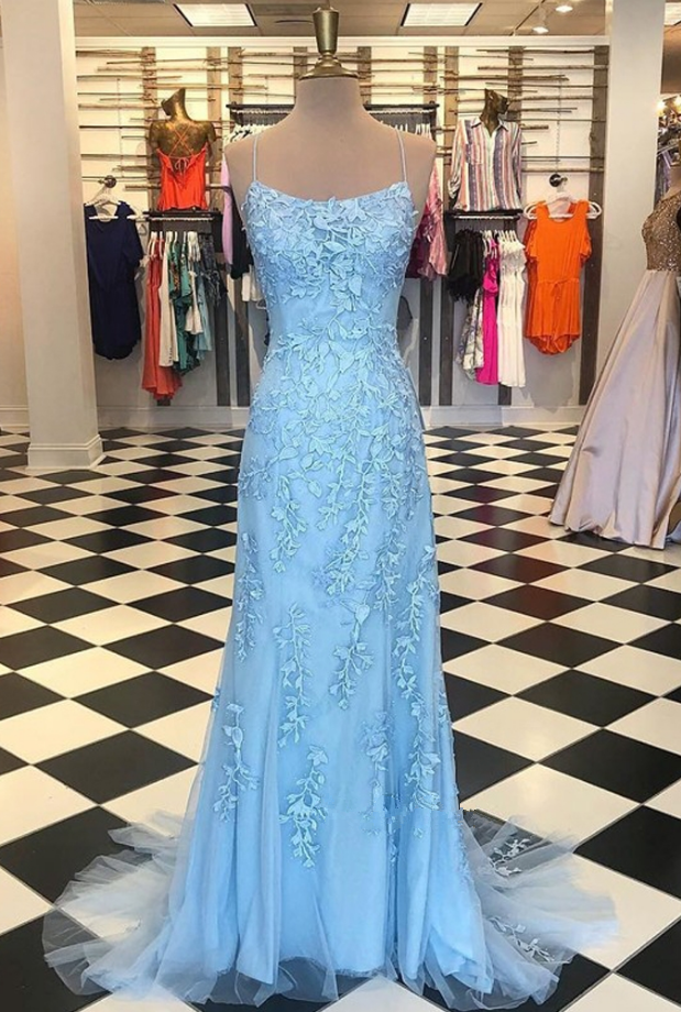Gorgeous Mermaid Spaghetti Straps Criss Cross Light Blue Lace Long Prom Dresses, Formal Evening Dresses