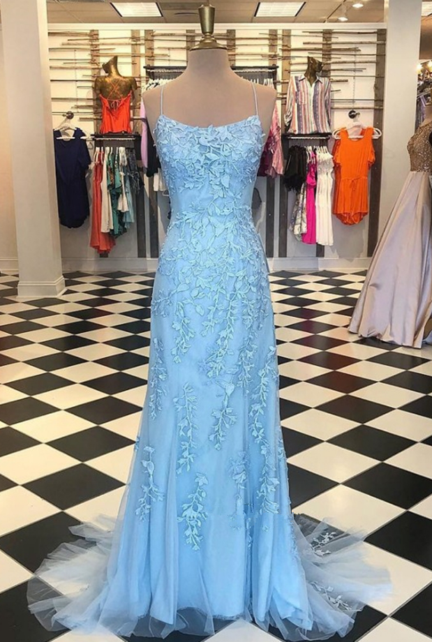 light blue spaghetti strap prom dress