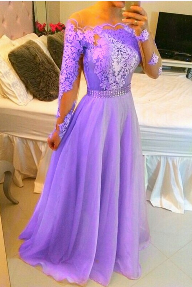 Charming Prom Dress, Long Sleeve Appliques Prom Dresses, Long Evening