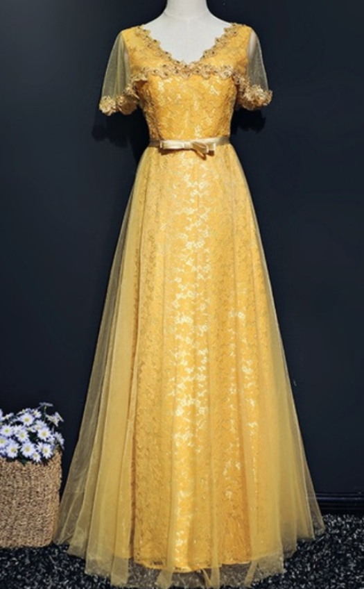 The Yellow, Elegant Lace Tulle Evening Party Dress With A Long Cape Woman's Elegant Ladies Dress For The Wedding Gown