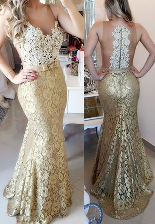 Yellow Lace Dress With Peari ,lpearl Lace Evening Dress,high Quality Illusion Mermaid Sweep Train Champagne Prom/evening Dress With Bow