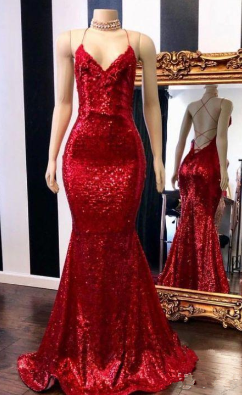 Bling Bling Sequined Red Evening Dresses Mermaid Style V-neck Criss Cross Open Back Red Prom Dress Formal Evening Gowns Elegant