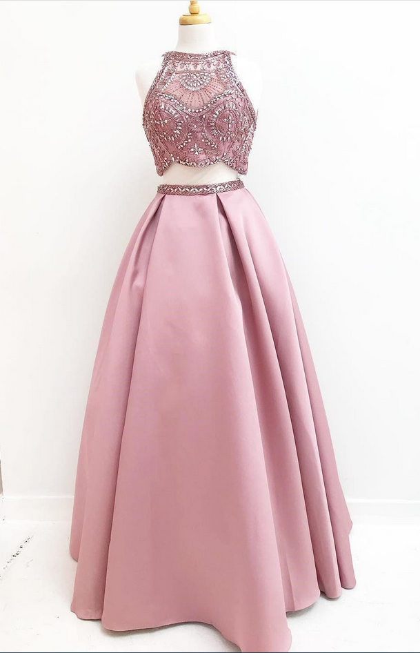 Elegant Two Piece A-line Jewel Sleeveless Long Prom/evening Dress With Beading