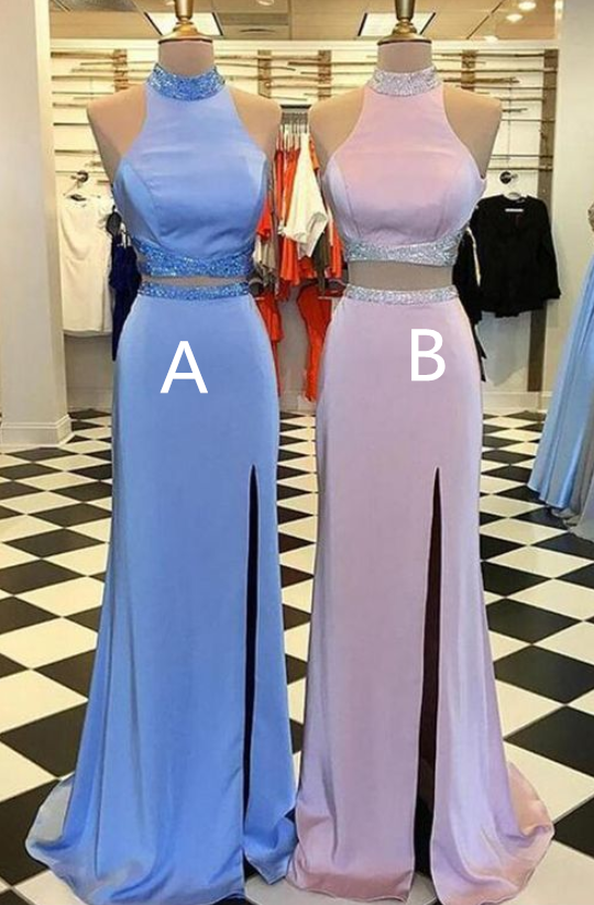 Two Piece Prom Dresses,high Neck Prom Dress,prom Dress With Slit