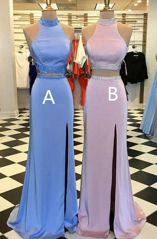 Two Piece Prom Dresses,high Neck Prom Dress,prom Dress With Slit on Luulla