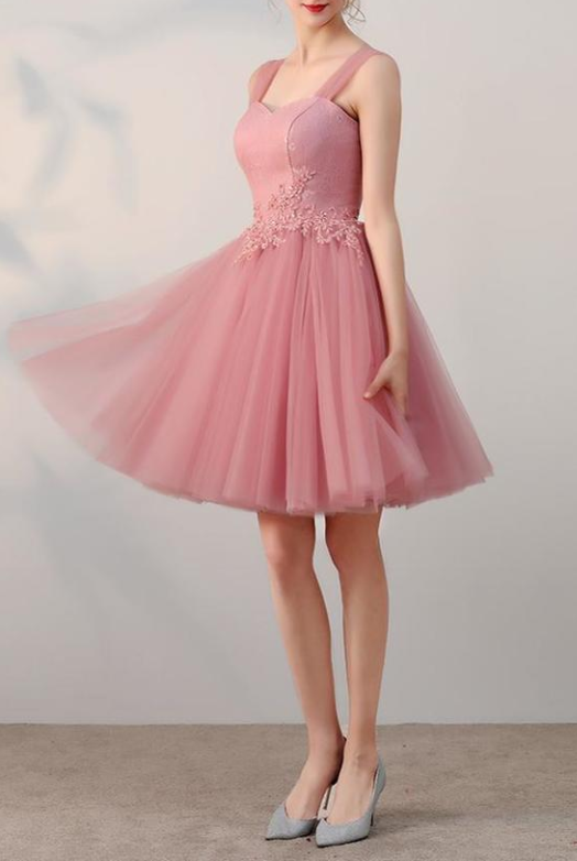 Chic A-line Pink Tulle Lace Applique Straps Short Prom Dress Simple Homecoming Dress