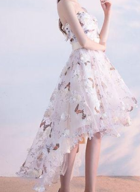 Sexy White A-line Strapless Homecoming Dresses With Appliques,asymmetrical Tulle Homecoming Dresses