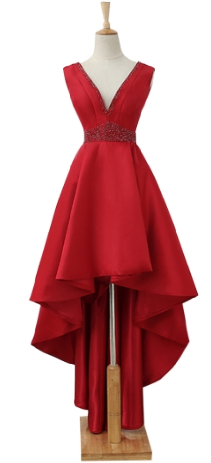 Red Beaded V-neck A-line Asymmetric Prom Dresses