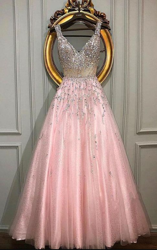 Pink V Neck Beads Long Prom Dress, Pink Evening Dress