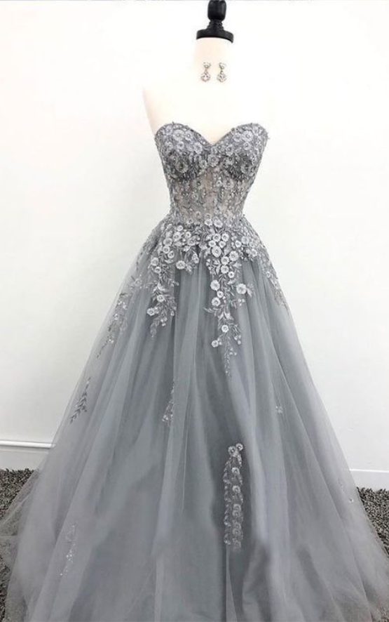 Stunning Gorgeous Fairy Prom Dresses Sweetheart A-line Long Tulle Grey Prom Dress Fashion Evening Dress