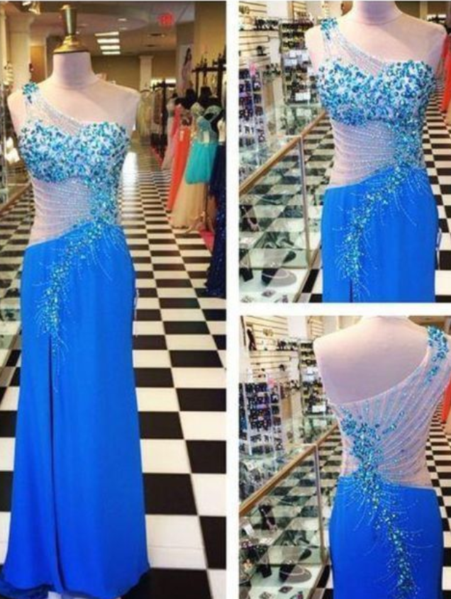 Gorgeous Unique One Shoulder Side Split Blue Sexy Long Prom Dresses