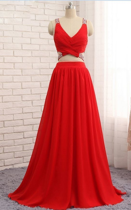 Custom Made Sexy Two Pieces Chiffon Beads Red Dresses, Sexy V Neck A Line Sleeveless Long Prom Gowns