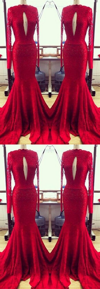 Red Long Sleeves Cut Out Lace Prom Dresses Mermaid Evening Dresses