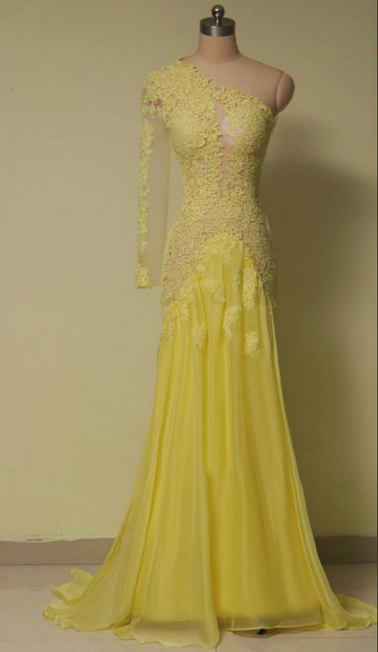 One Shoulder Prom Dresses,lace Evening Dress,chiffon Prom Dress,yellow Prom Dresses