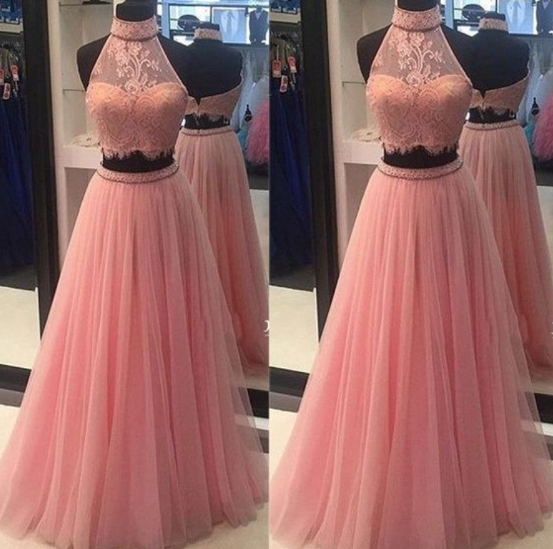 Two Pieces Prom Dresses,sexy Halter Evening Dresses,pink Lace Tulle Prom Dresses, Evening Dresses，evening Dresses,formal Gowns Plus Size,